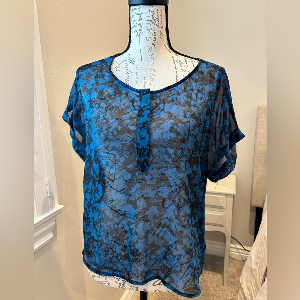 Banana Republic Blue and Black Sheer Floral Blouse